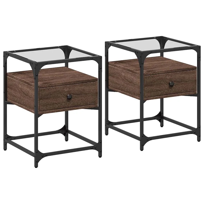 Lot de 2 tables de chevet avec tiroir 40 x 40 x 55cm bois d'ingénierie marron acier et verre DEC035855