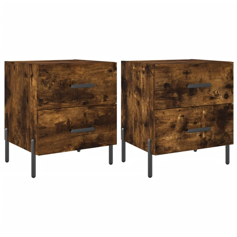 Lot de 2 tables de chevet avec deux tiroirs 40 x 35 x 47,5cm bois d’ingénierie marron et fer DEC035809