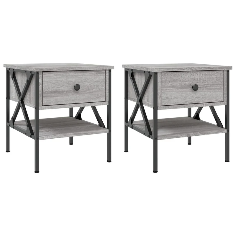 Lot de 2 tables de chevet avec tiroir et étagère 40 x 42 x 45 cm bois ingénierie gris et fer DEC035728