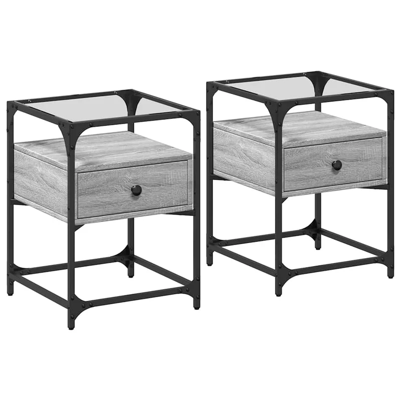 Lot de 2 tables de chevet avec tiroir 40 x 40 x 55 cm bois d'ingénierie gris acier et verre DEC035725