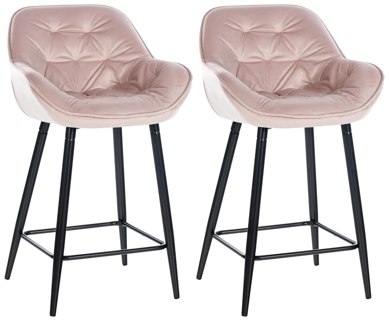 Lot de 2 tabourets de bar chaises hautes assise effet capitonnée en velours rose et métal noir 10_0004164