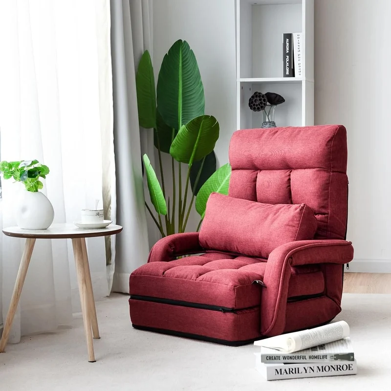 Fauteuil convertible chauffeuse convertible 1 place en tissu avec oreiller 5 positions rouge 20_0000628