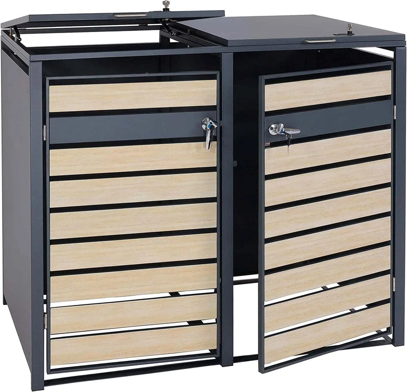 Abri de poubelle en métal pour deux poubelles de 80 à 240 litres anthracite aspect bois d hêtre marron clair MDJ04174