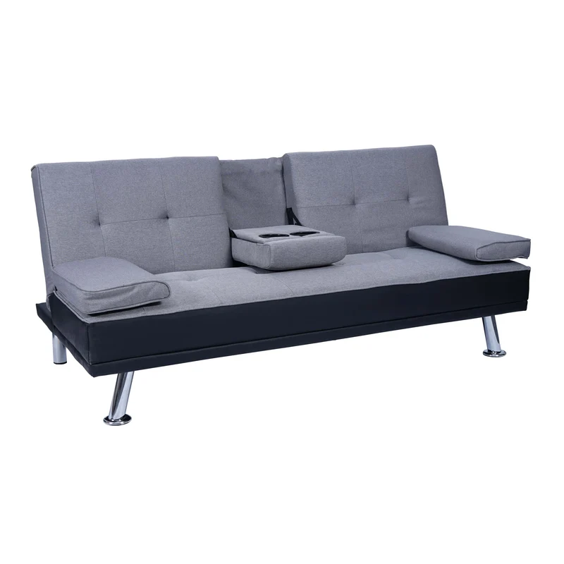 Canapé 3 places canapé-lit avec porte-gobelet réglable 97x166cm en synthétique et tissu noir-gris clair 04_0004878