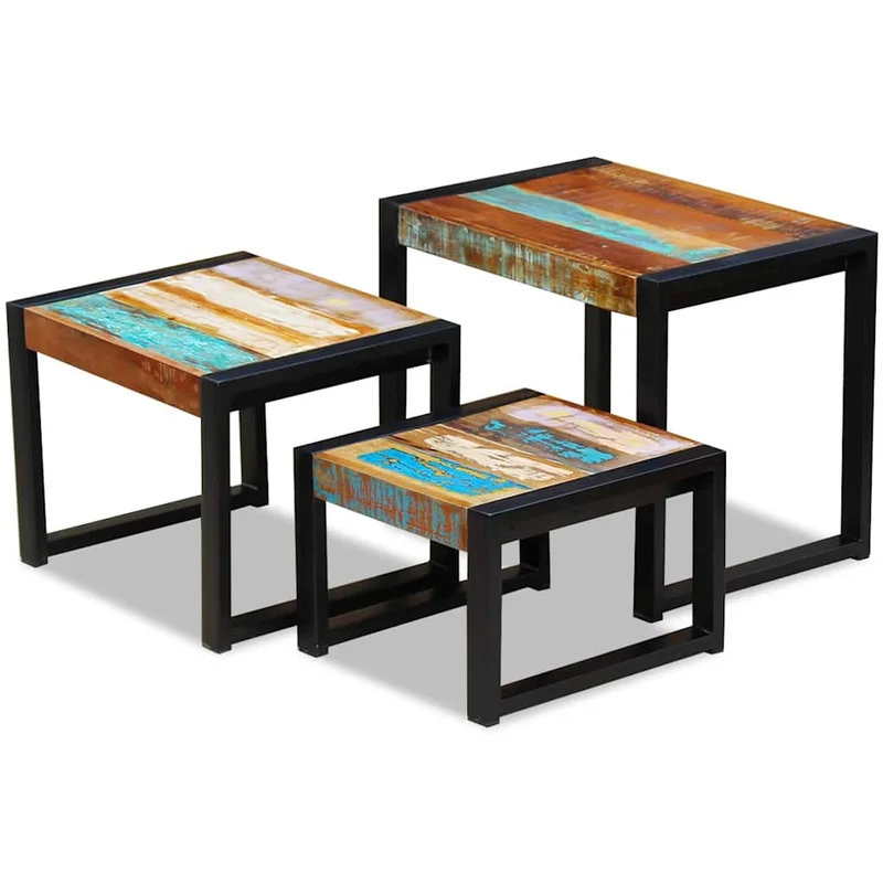 Lot de 3 tables d'appoint gigognes en bois de récupération massif multicolore et acier DEC032705