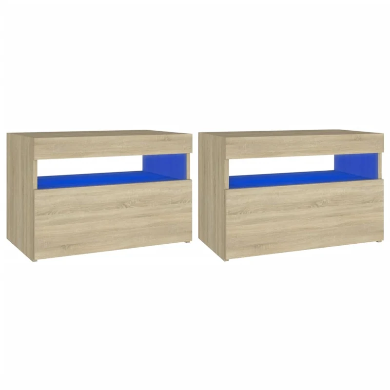 Lot de 2 tables de chevet lumière LED compartiment avec porte 60 x 35 x 40 cm bois d'ingénierie couleur chêne DEC036202