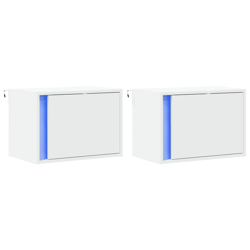Lot de 2 tables de chevet murales avec lumières LED avec compartiment avec porte en bois d'ingénierie blanc DEC036120