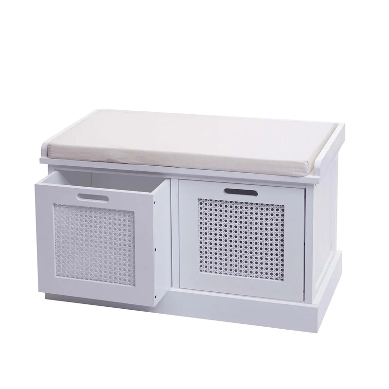 Banc banquette en bois de paulownia blanc et MDF avec coussin blanc boites de rangement 47x75x40cm BAN04054