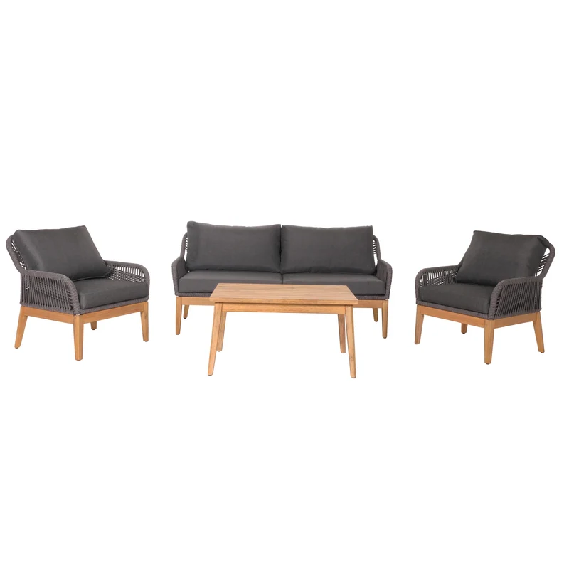 Salon de jardin avec table canapé fauteuil table corde maille bois acacia coussin gris foncé 04_0008308