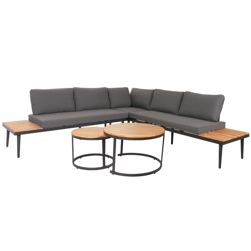 Salon de jardin avec deux tables d'appoint bois d'acacia acier coussins marron gris foncé 04_0008303