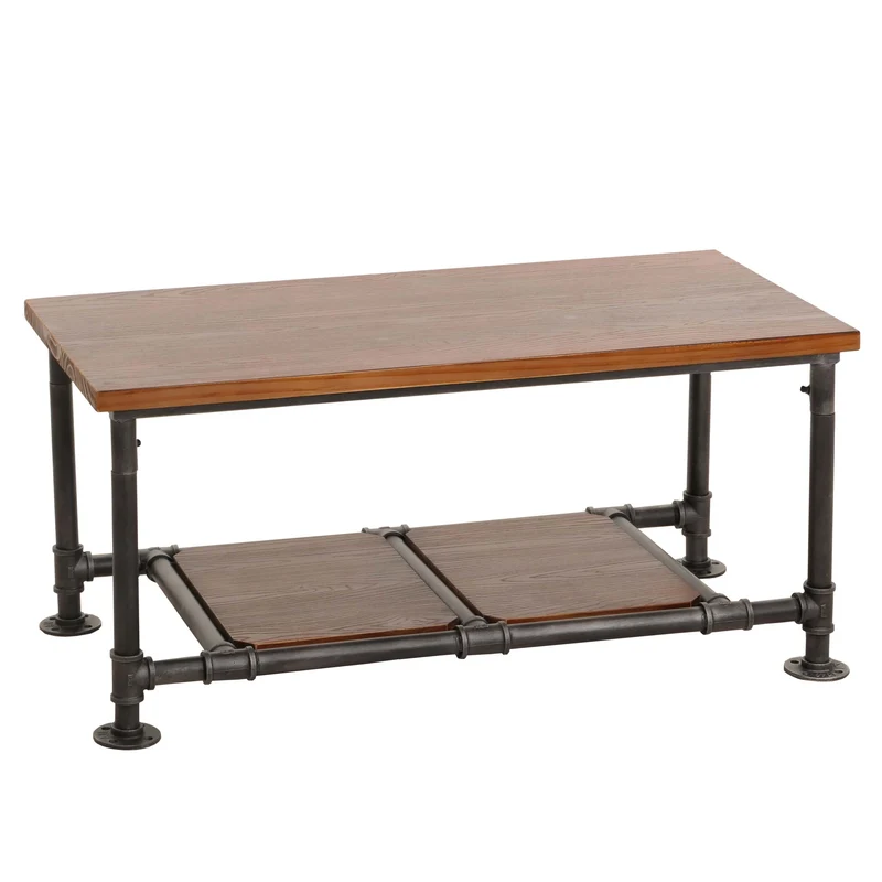 Table basse avec espace de rangement table d'appoint industrielle en bois marron et métal 48x100x50 cm 04_0008465