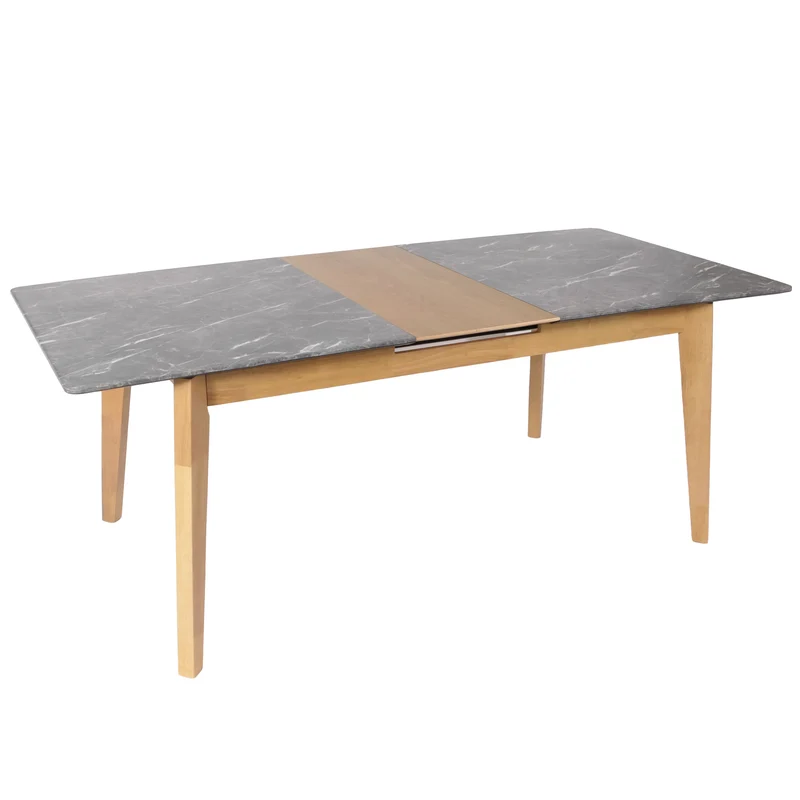 Table de salle à manger en bois et HPL 160-200 x 90 cm extensible aspect marbre/pierre pieds clairs 04_0008548
