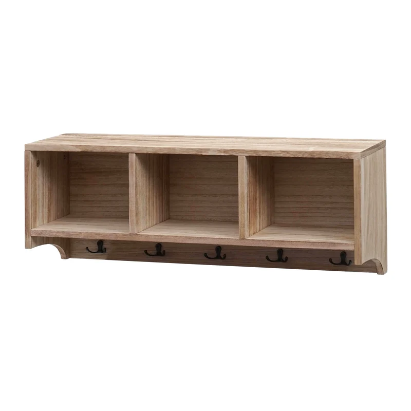 Étagère murale porte-manteau mural 3 compartiments et 5 crochets 30x80x20 cm bois marron 04_0008655
