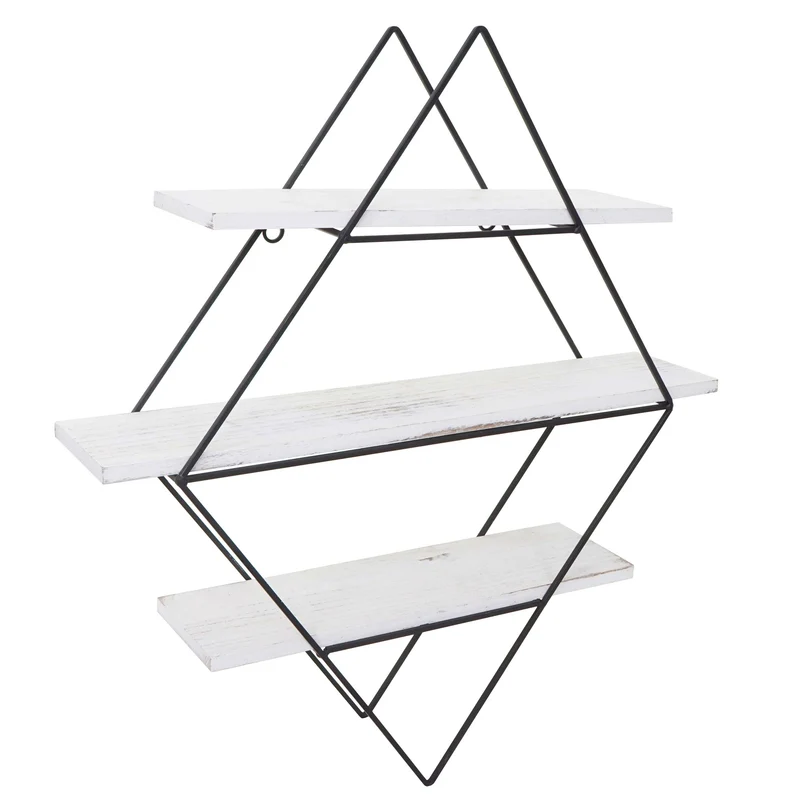 Étagère murale suspendue design industriel forme losange en bois blanc vieilli 60 x 55 x 12 cm 04_0008650