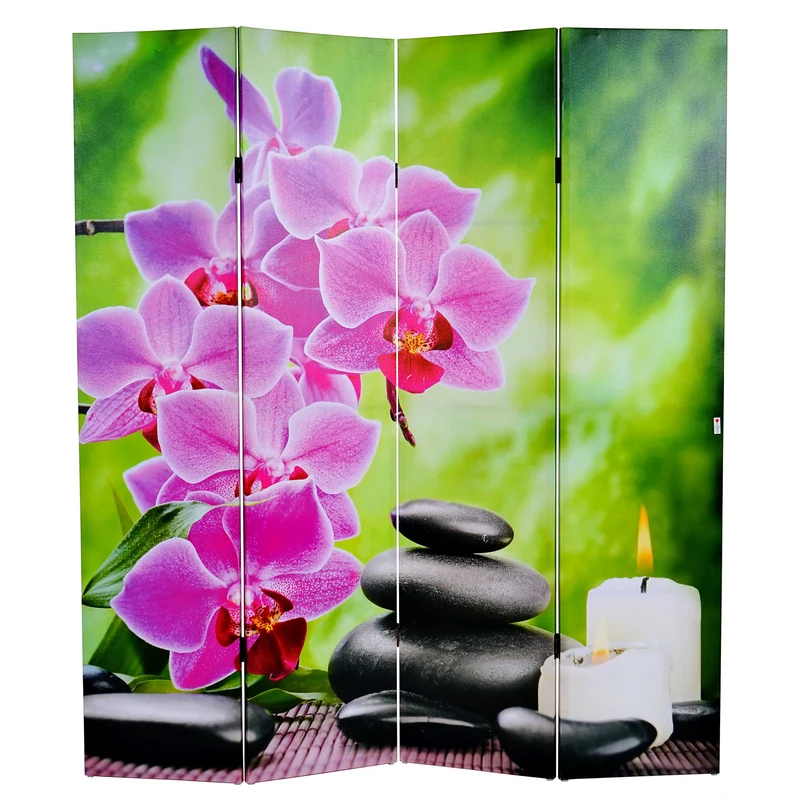 Paravent 4 panneaux séparateur de pièce minuterie motif orchidée 180 x 160 cm 2 led 04_0008631