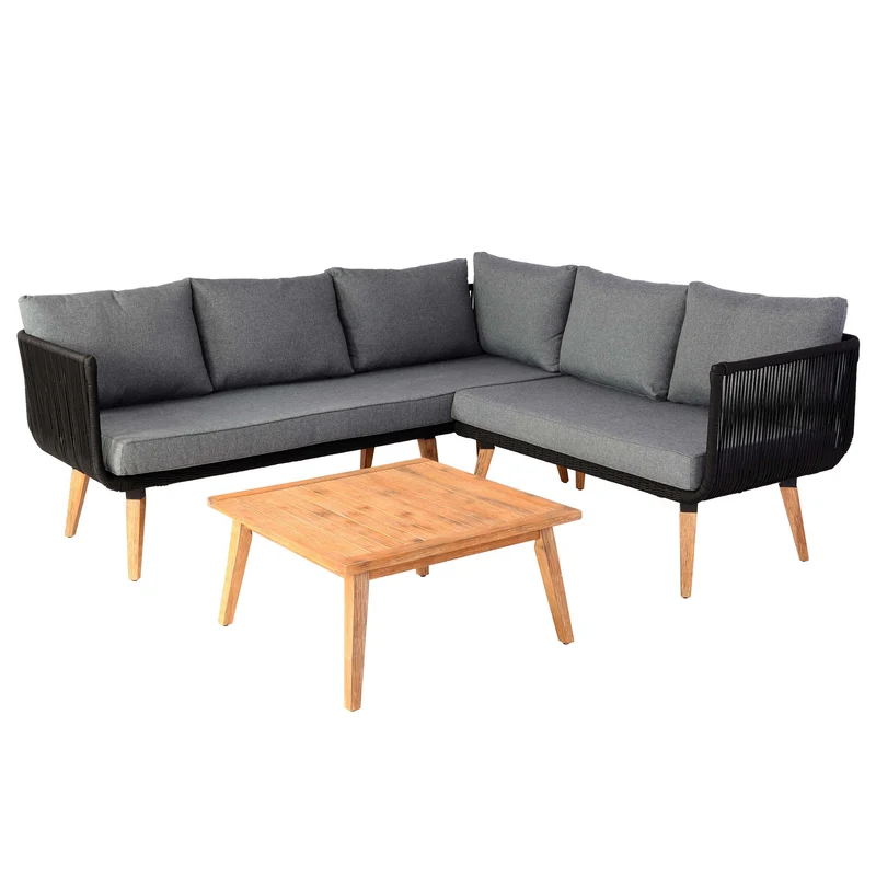 Salon de jardin canapé et table cadre en bois d'acacia et acier coussins gris foncé corde en maille 04_0008319