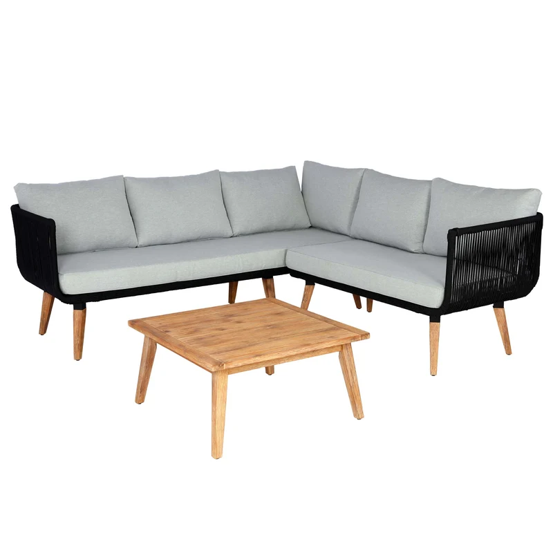 Salon de jardin canapé pour extérieur avec table en bois d'acacia revêtement coussins gris clair 04_0008318