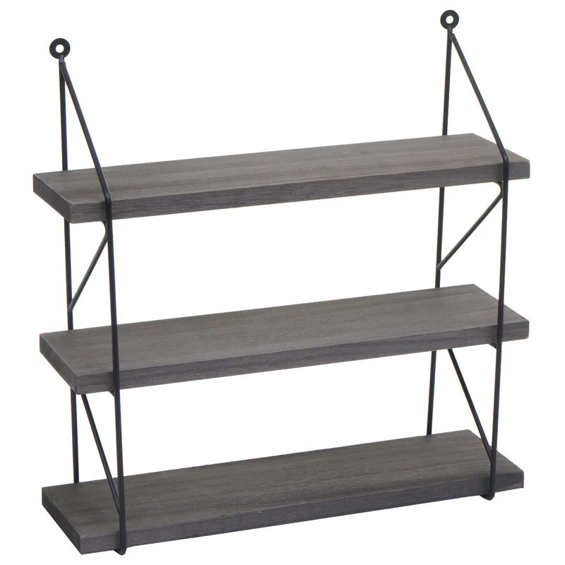 Étagère murale suspendue 3 niveaux design inustriel en métal et bois gris foncé 40 x 40 x 13 cm 04_0008677