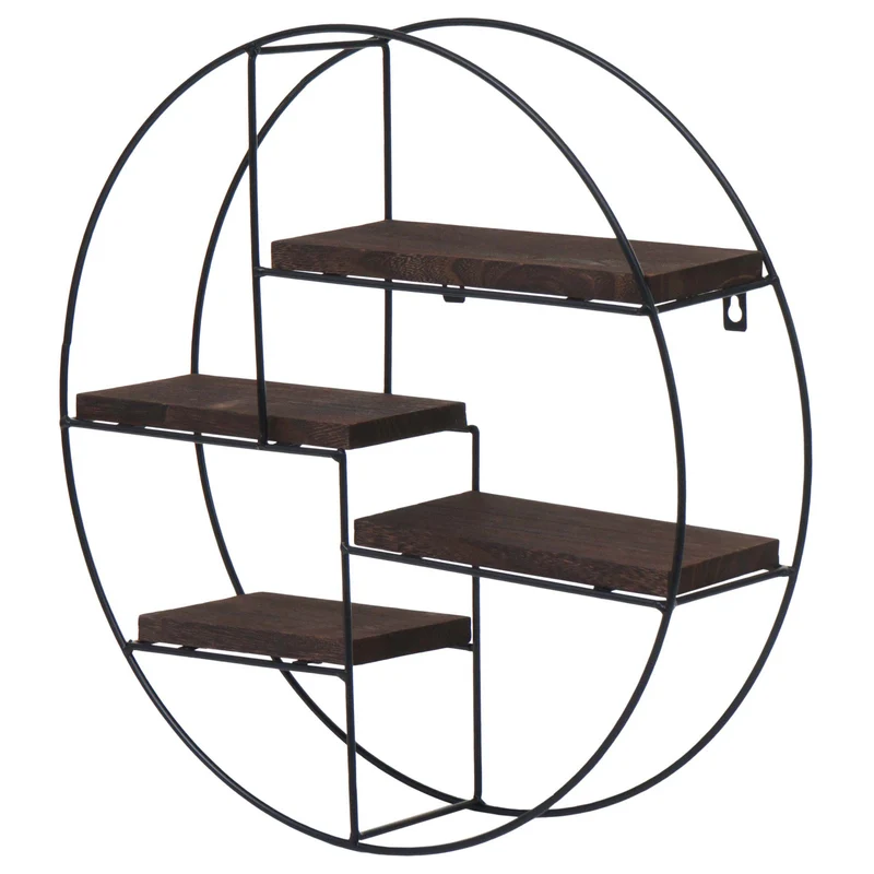 Étagère murale suspendue 4 niveaux en métal et bois marron foncé design industriel forme ronde 45 x 45 x 11 cm 04_0008662