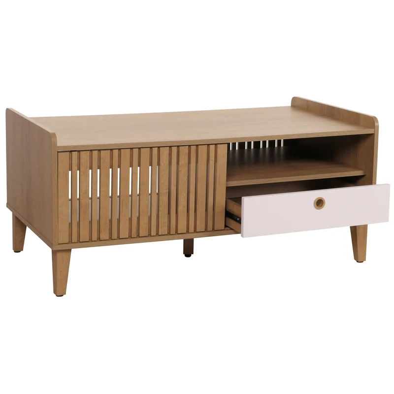 Table basse 2 compartiments de rangement et 1 tiroir en bois de manguier 52x114x59 cm tiroir blanc 04_0008454