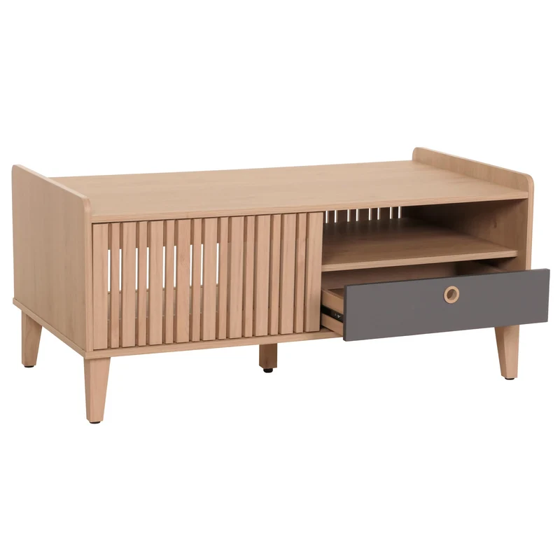 Table basse avec 2 compartiments de rangement et 1 tiroir en bois de manguier 52 x 114 x 59 cm beige tiroir gris 04_0008455