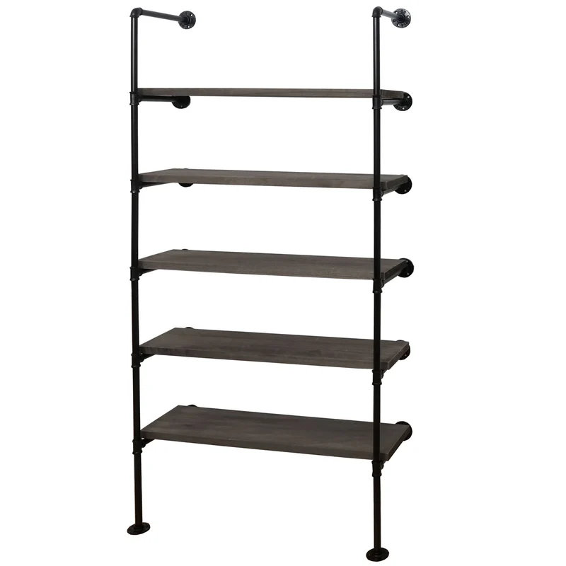 Étagère sur pied bibliothèque rangement design industriel en bois gris-marron et métal 165x80x28 cm 04_0008691