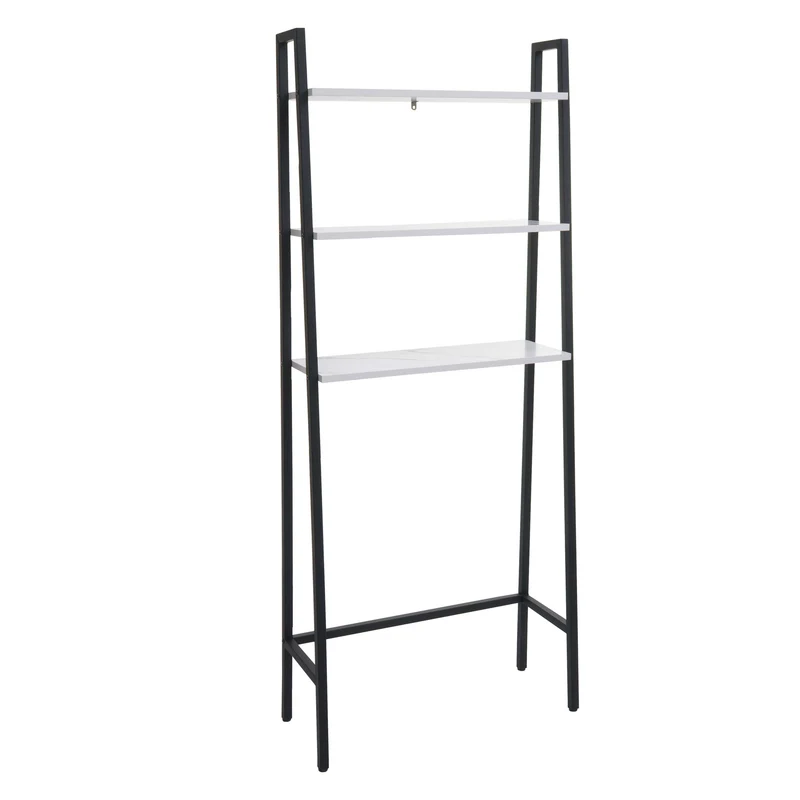 Étagère sur pied pour salle de bain étagère pour machine à laver échelle bois aspect marbre blanc et métal 155x64x25 cm 04_0008694