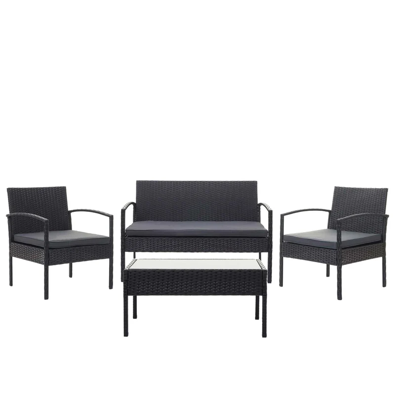 Salon de jardin en polyrotin noir pour balcon jardin terrasse jardin coussins gris foncé 04_0004214