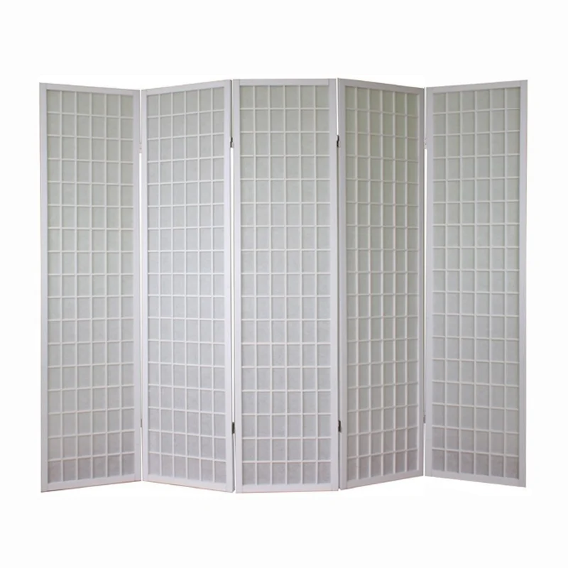 Paravent 5 panneaux pans en bois blanc et papier riz 175x220cm PAR06059