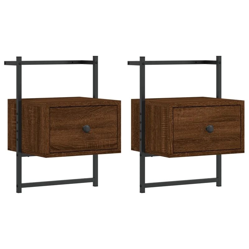 Lot de 2 tables de chevet murale avec tiroir 35 x 30 x 51 cm bois d'ingénierie marron et métal DEC034154