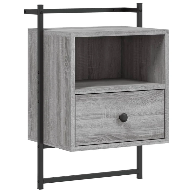 Table de chevet murale avec tiroir avec compartiment 40 x 30 x 61cm bois d'ingénierie gris et métal DEC034329