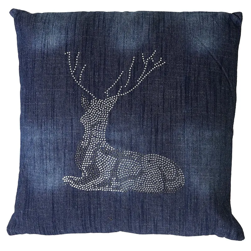 Coussin bleu avec motif cerf effet brillant 45x45 cm déhoussable DEC04074