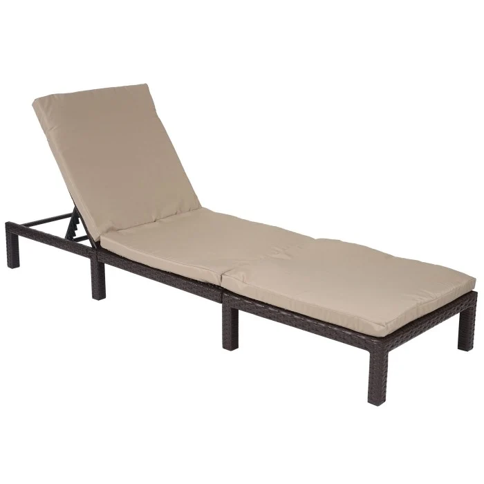Transat chaise longue de jardin en poly-rotin marron coussin MDJ04131