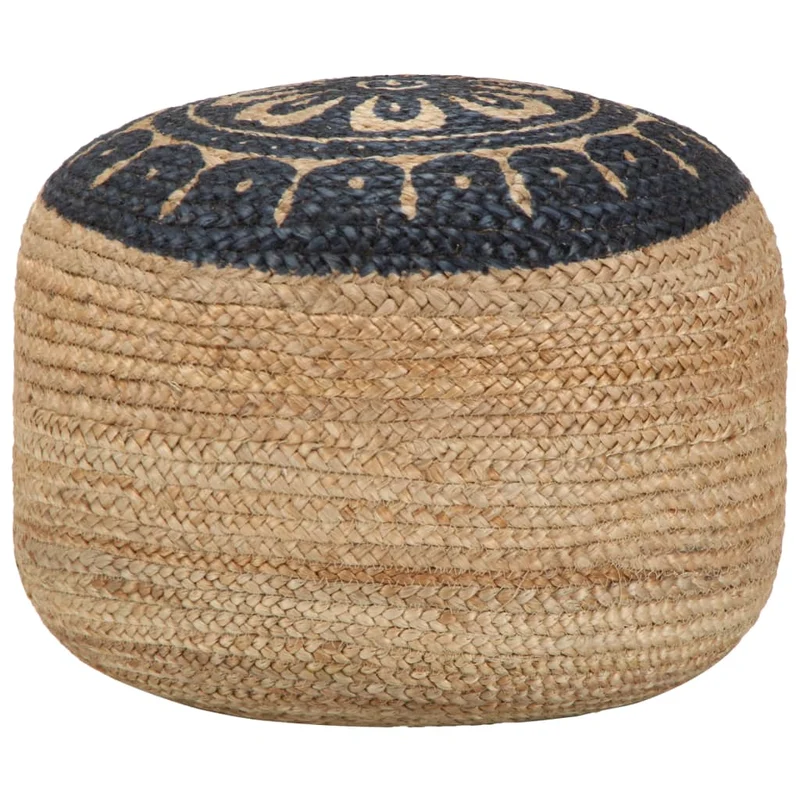 Pouf tabouret repose-pied fait à la main 45 x 30 cm jute brun motif imprimé bleu DEC029975