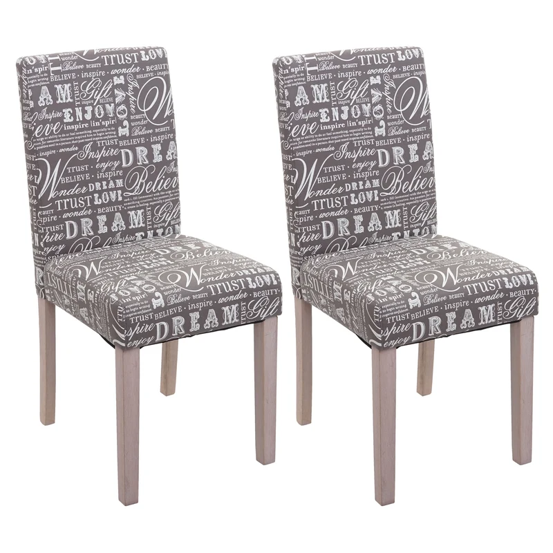 Lot de 2 chaises de salle à manger cuisine en tissu gris motif lettrage des pieds en bois clair 04_0000430