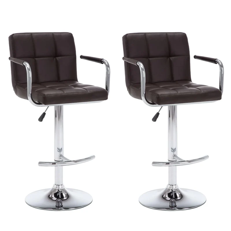 Lot de 2 tabourets de bar chaises hautes avec accoudoirs et dossier en PVC marron et acier DEC029774