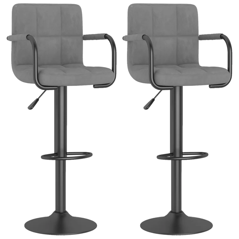 Lot de 2 tabourets de bar chaises hautes avec accoudoirs et dossier en velours gris clair et acier DEC029696