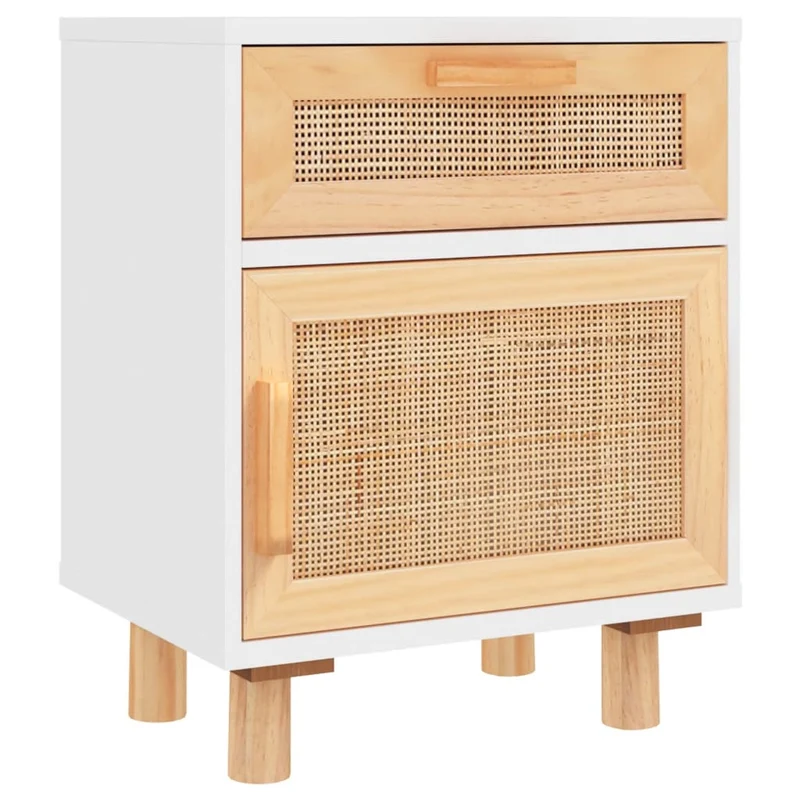Table de chevet avec tiroir et compartiment en bois de pin blanc et rotin naturel DEC033434