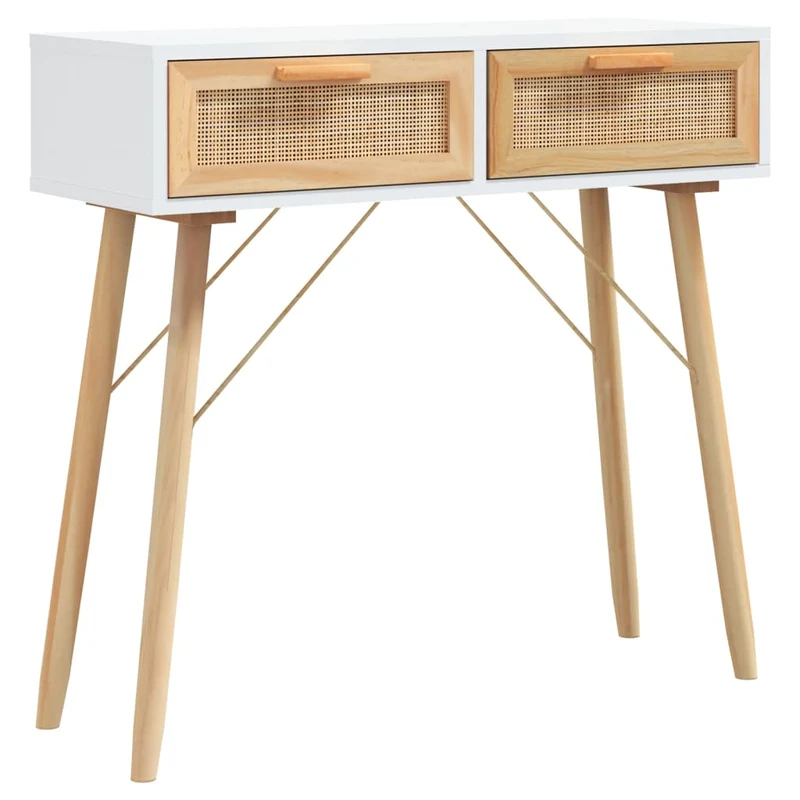 Table console d'entrée fonctionnel et stylé avec tiroirs 80 x 30 x 75 cm bois pin blanc et rotin naturel DEC031715