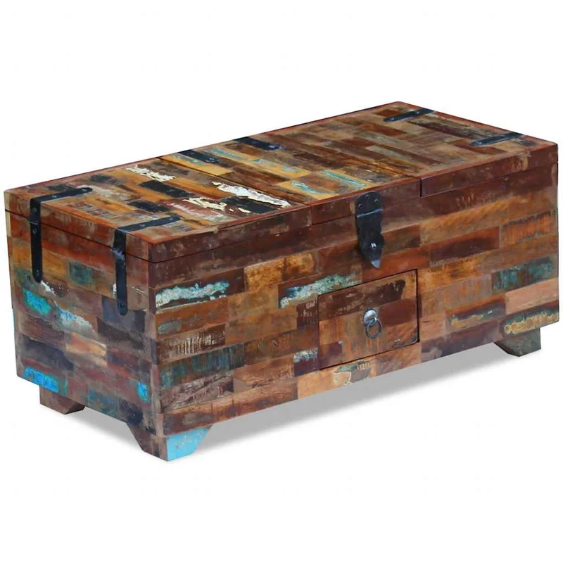 Coffre table basse en bois de récupération massif avec trois compartiments 80 x 40 x 35 cm DEC031229