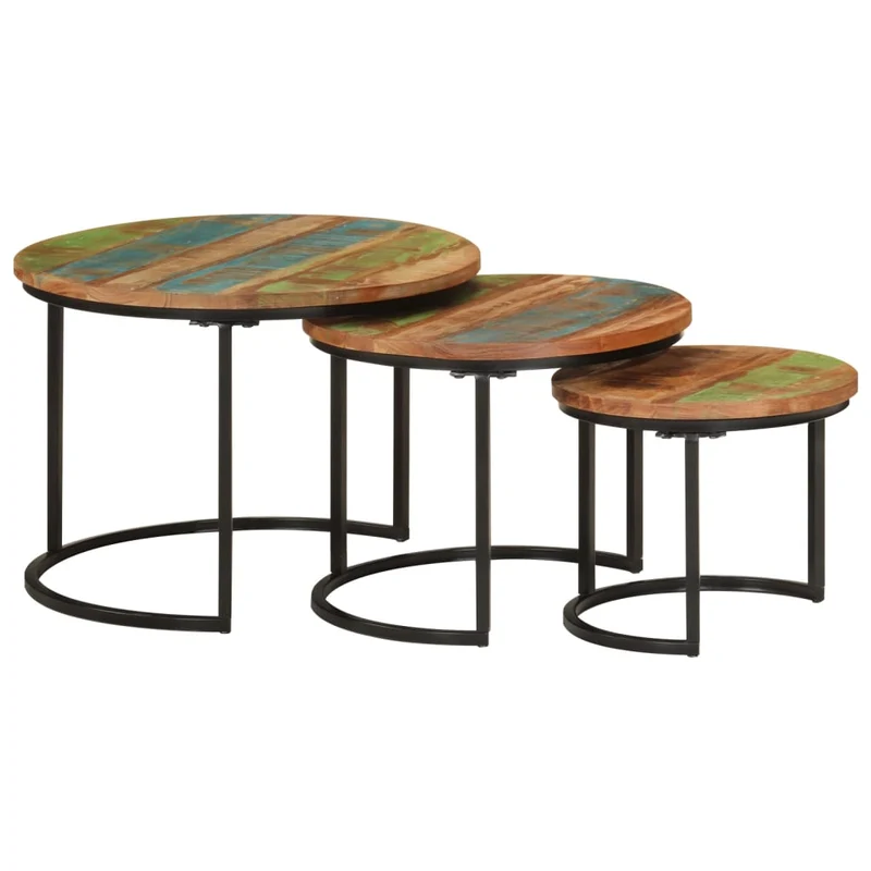 Set de 3 tables basse gigognes en bois massif de récupération et fer DEC031327