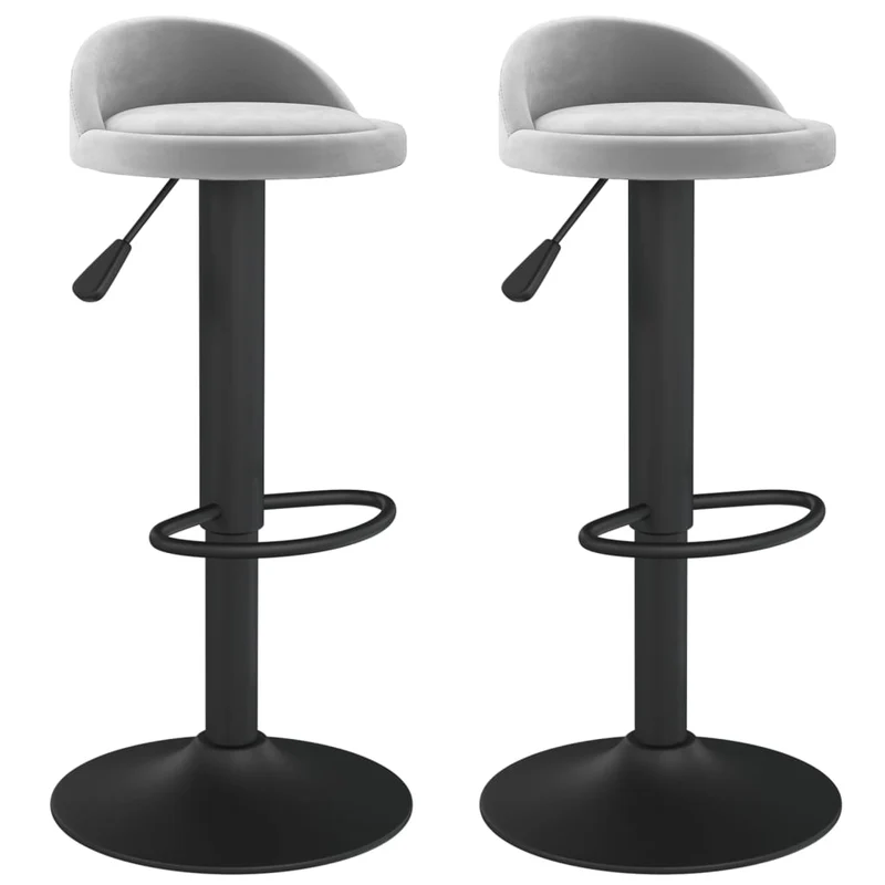Lot de 2 tabourets de bar chaises hautes hauteur réglable en velours gris clair et acier noir DEC029697