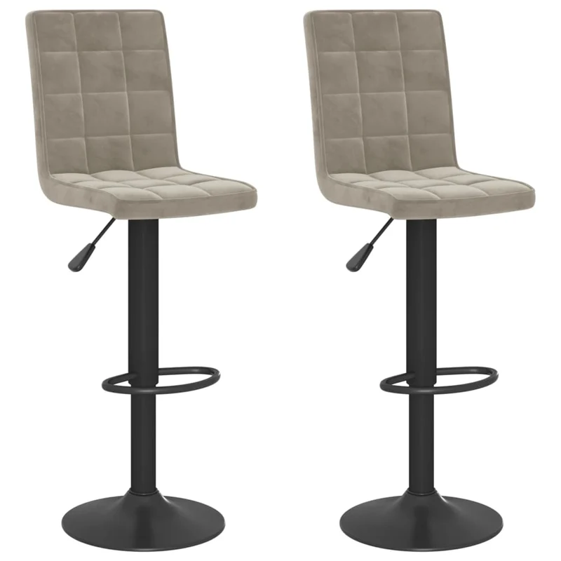 Lot de 2 tabourets de bar chaises hautes avec dossier en velours gris clair coutures carrées et acier noir DEC029692