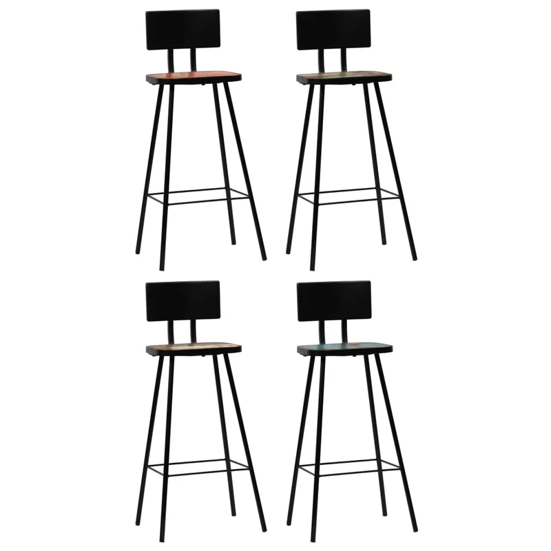 Lot de 4 tabourets de bar chaises hautes avec dossier en bois massif de récupération et acier DEC029912