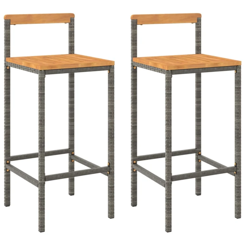 Lot de 2 tabourets de bar chaises hautes extérieur ou intérieur en résine tressée gris et bois d'acacia DEC029730