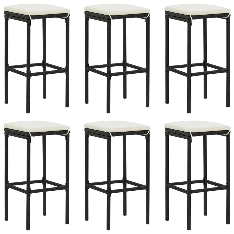 Lot de 6 tabourets de bar avec coussins crème et résine tressée noir DEC029586