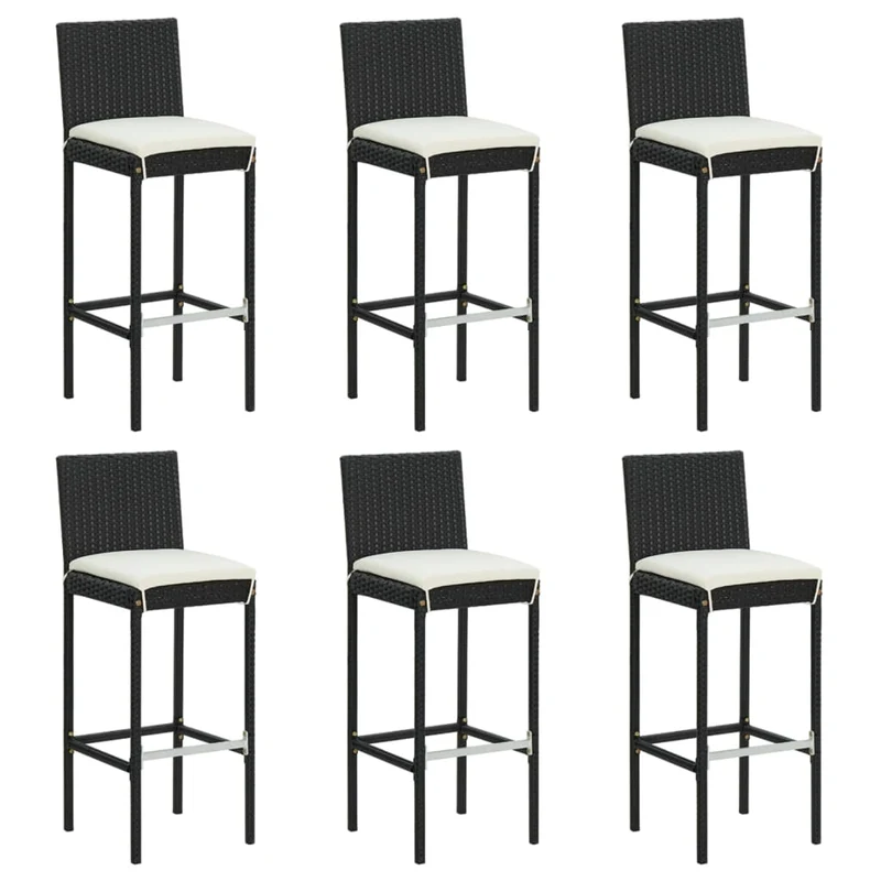 Lot de 6 tabourets de bar pour extérieur ou intérieur avec coussins crème cadre en résine tressée noir DEC029585