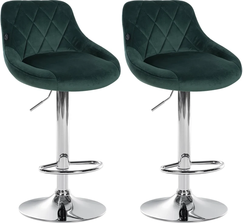 Set de 2 tabourets de bar coutures décoratives losanges assise en velours vert foncé et cadre en métal chromé TDB10771