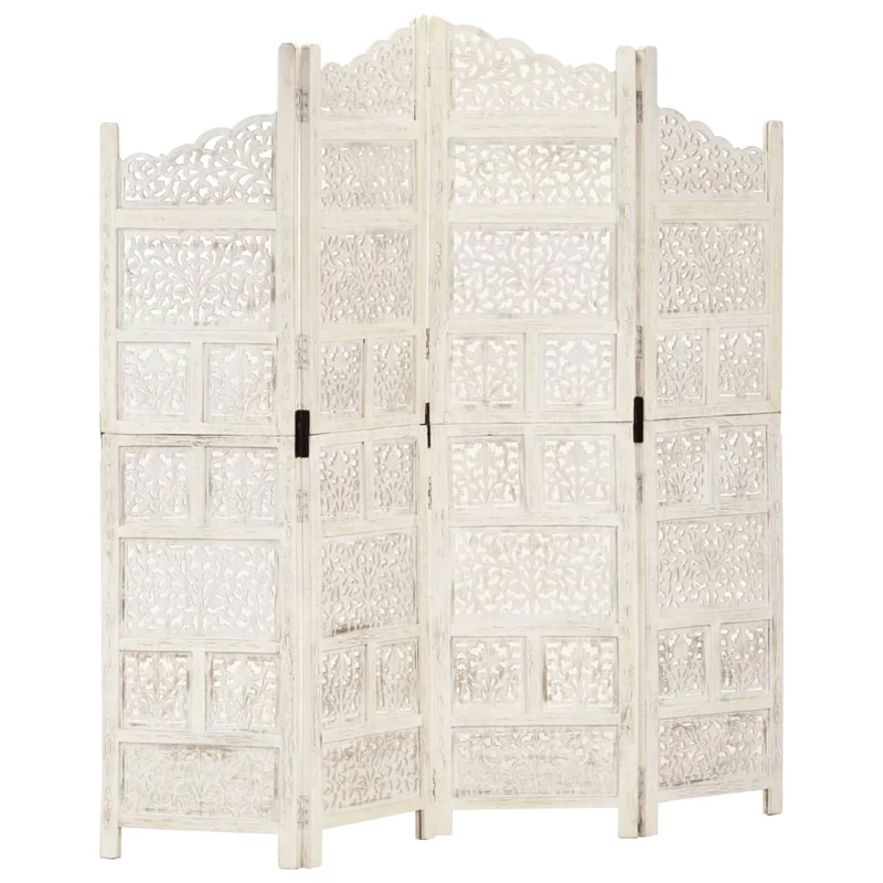 Paravent séparateur de pièce cloison 4 panneaux 160 x 165 cm MDF et bois manguier blanc DEC030835