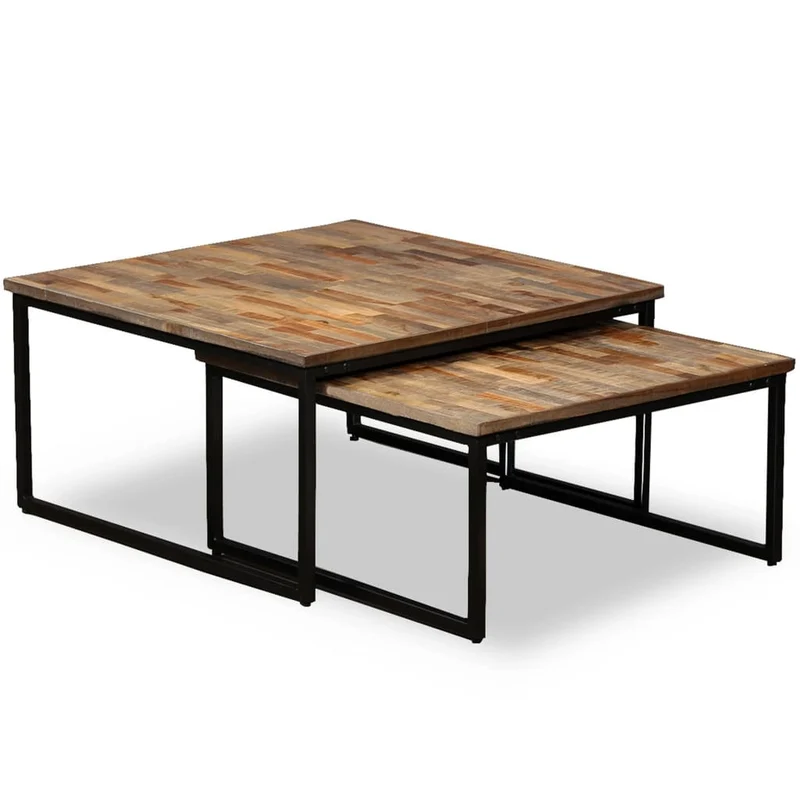 Ensemble de deux table basse en teck massif récupération marron et acier DEC031253